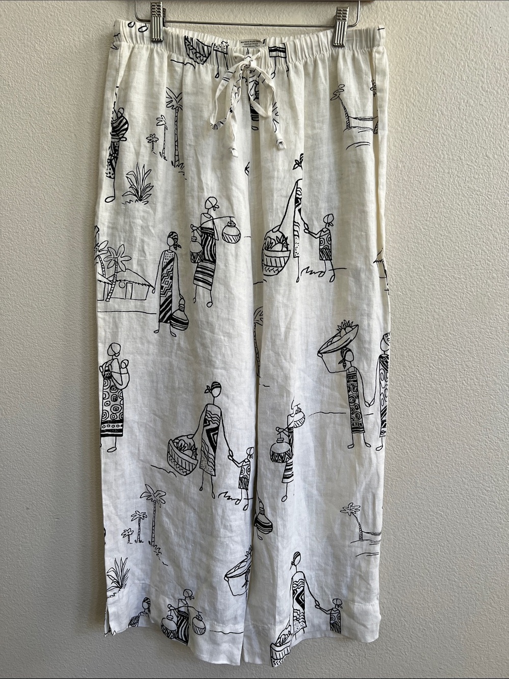 HOT COTTON by MARC WARE 100% Linen Pull-On Pants White/Black Tribal Sketch L